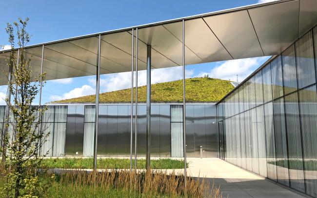 Modern architecture with a pitched green roof